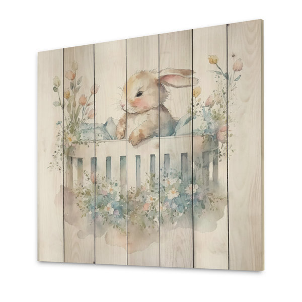 Zoomie Kids Napoleon Baby Bunny In Crib With Flowers II On Wood Print